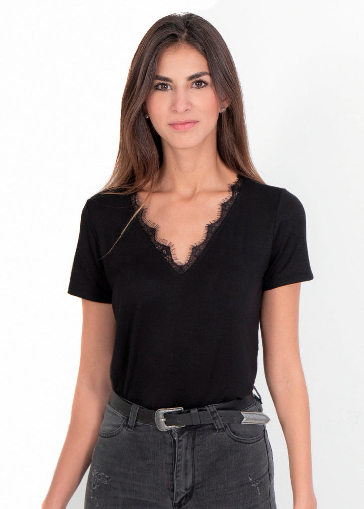 Camiseta cuello en V con encaje para mujer - Flashy
