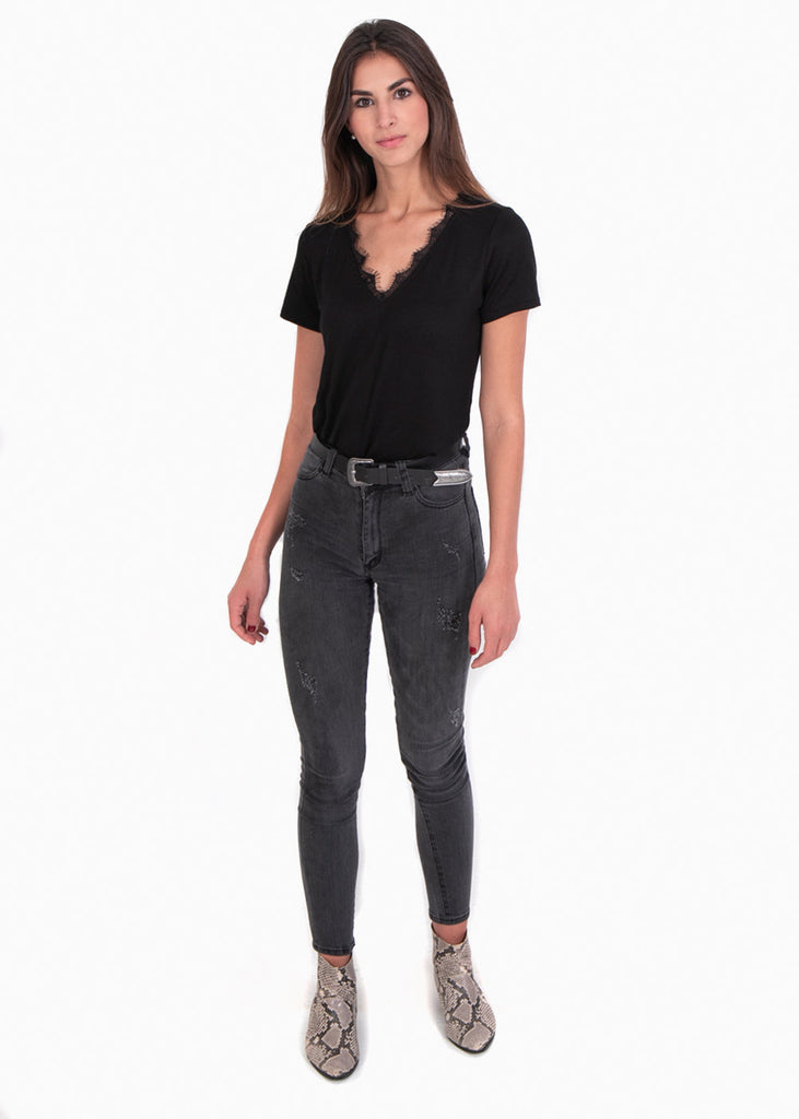 Camiseta cuello en V con encaje para mujer - Flashy