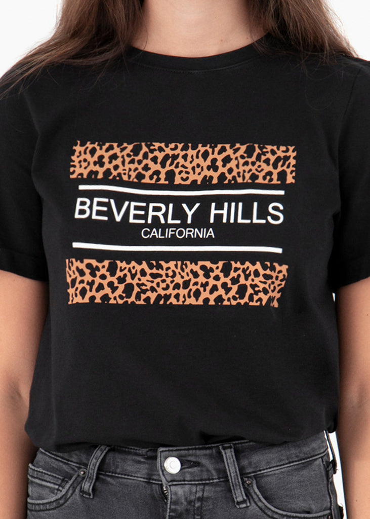 Camiseta color negro estampada " Beverly Hills" para mujer flashy