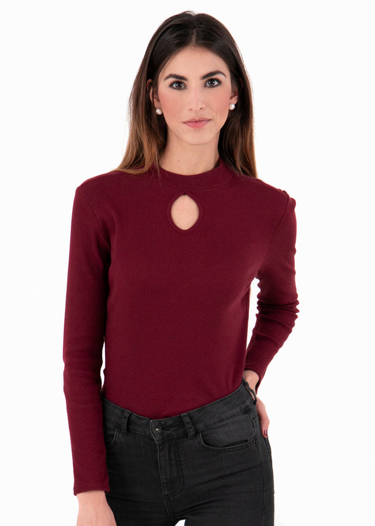 Blusa manga larga con choker color vino para mujer - Flashy