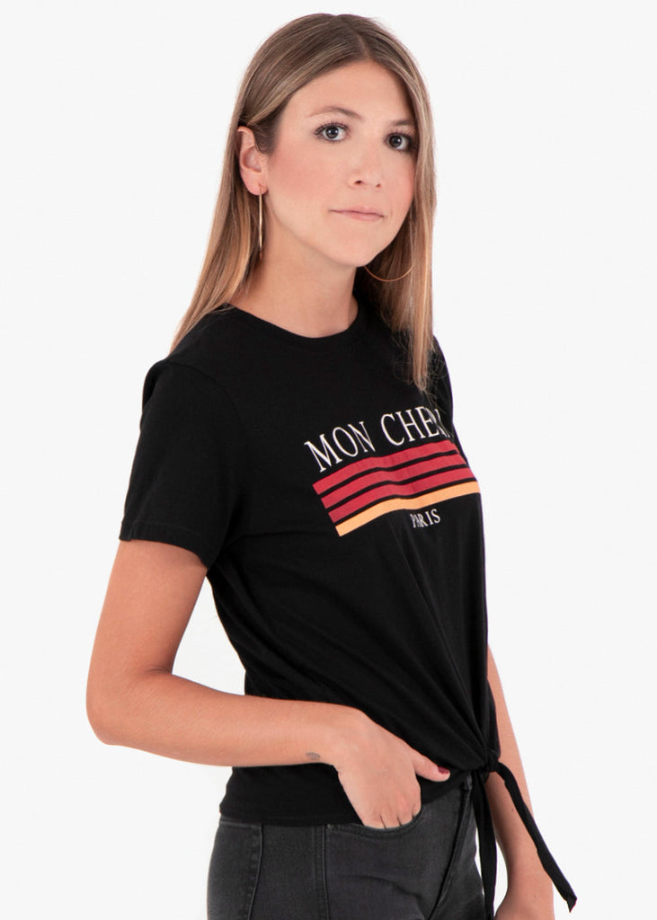 Camiseta color negro estampada "Mon Cherie" para mujer flashy