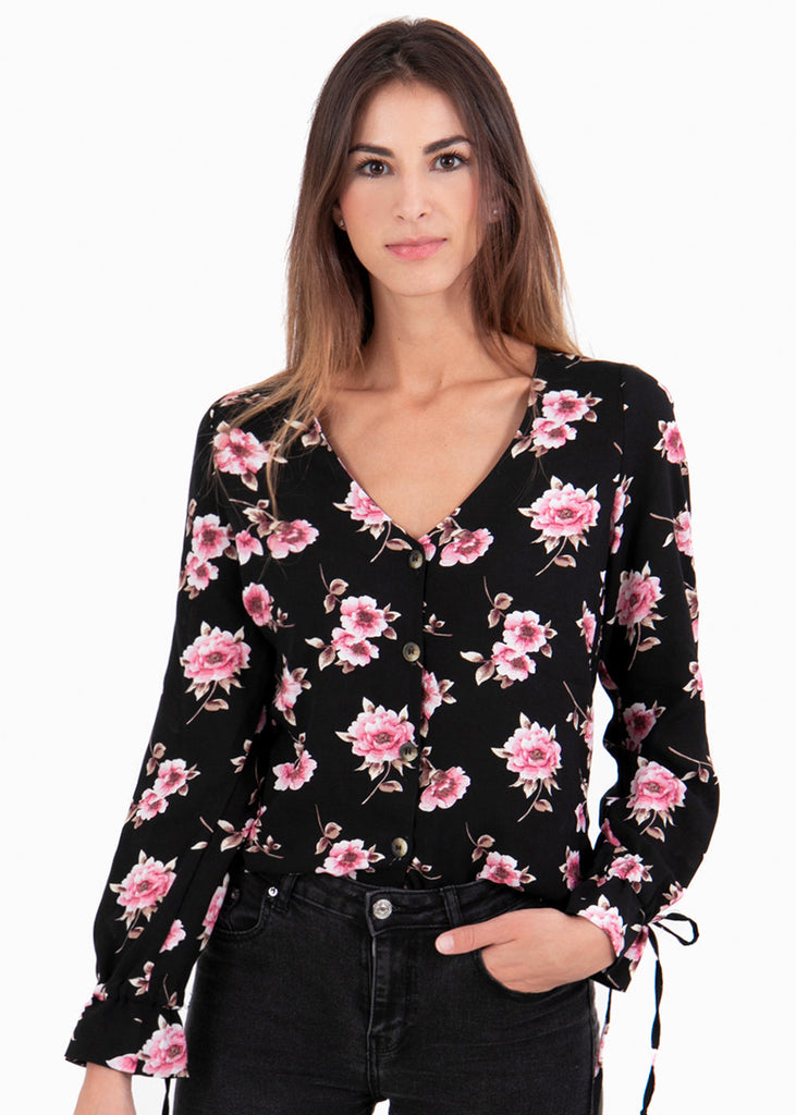 Blusa de flores con botones de pasta para mujer - Flashy