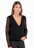 Blusa cruzada con detalle de malla en mangas para mujer - Flashy