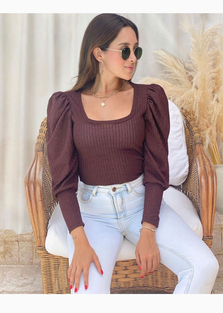 Blusa con escote cuadrado y mangas embombadas para mujer - Flashy