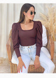 Blusa con escote cuadrado y mangas embombadas para mujer - Flashy