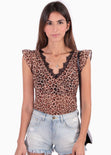 Blusa con estampado de animal print y encaje en escote para mujer - Flashy