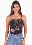 Blusa con estampado de flores y encaje en escote para mujer - Flashy