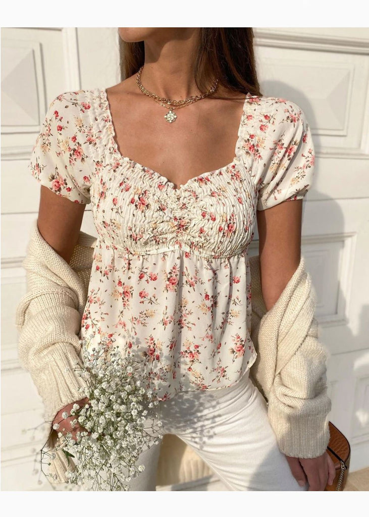 Blusa con estampado de flores y mangas embombadas para mujer - Flashy