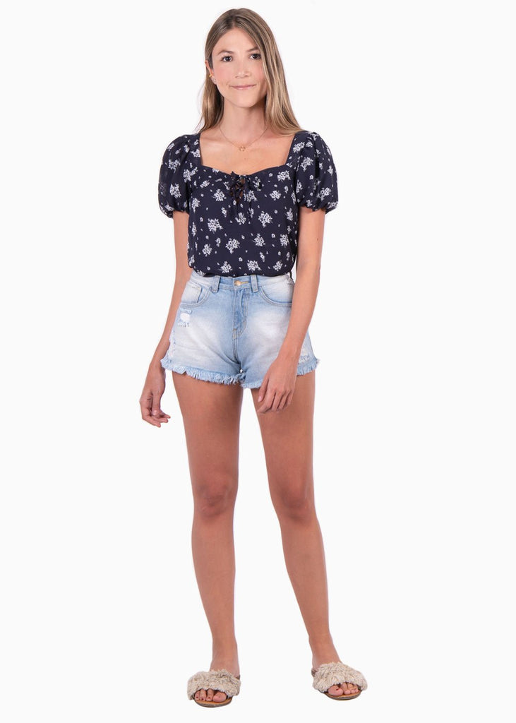 Blusa con estampado de flores y mangas embombadas para mujer - Flashy