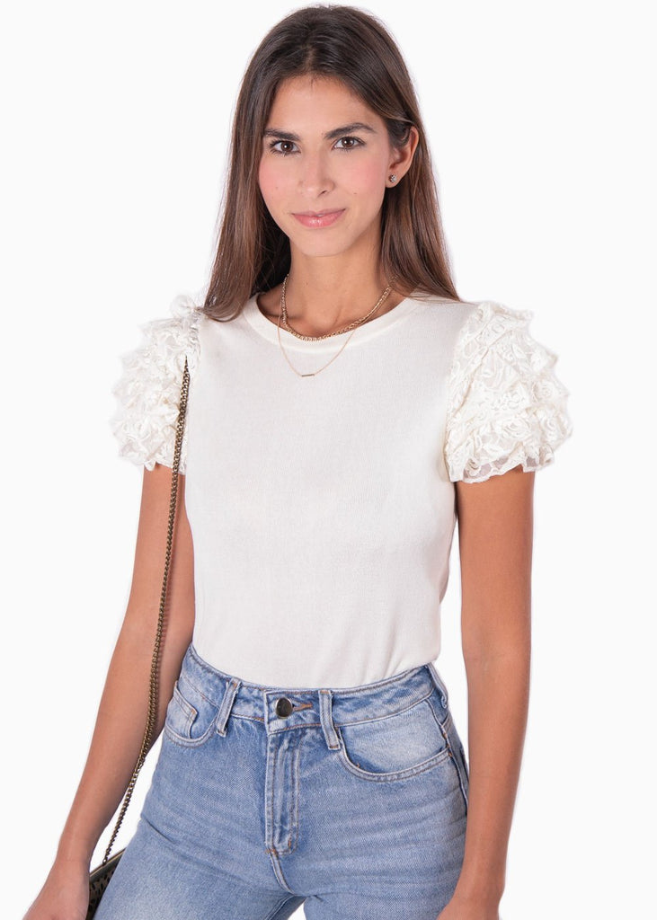 Blusa con mangas embombadas de encaje para mujer - Flashy