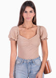 Blusa con recogido en escote y mangas embombadas para mujer - Flashy