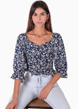 Blusa corta con estampado de flores y recogido en escote para mujer - Flashy