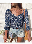 Blusa corta con estampado de flores y recogido en escote para mujer - Flashy