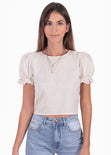 Blusa corta con mangas abullonadas y espalda descubierta con anudado color blanco, marfil para mujer - Flashy