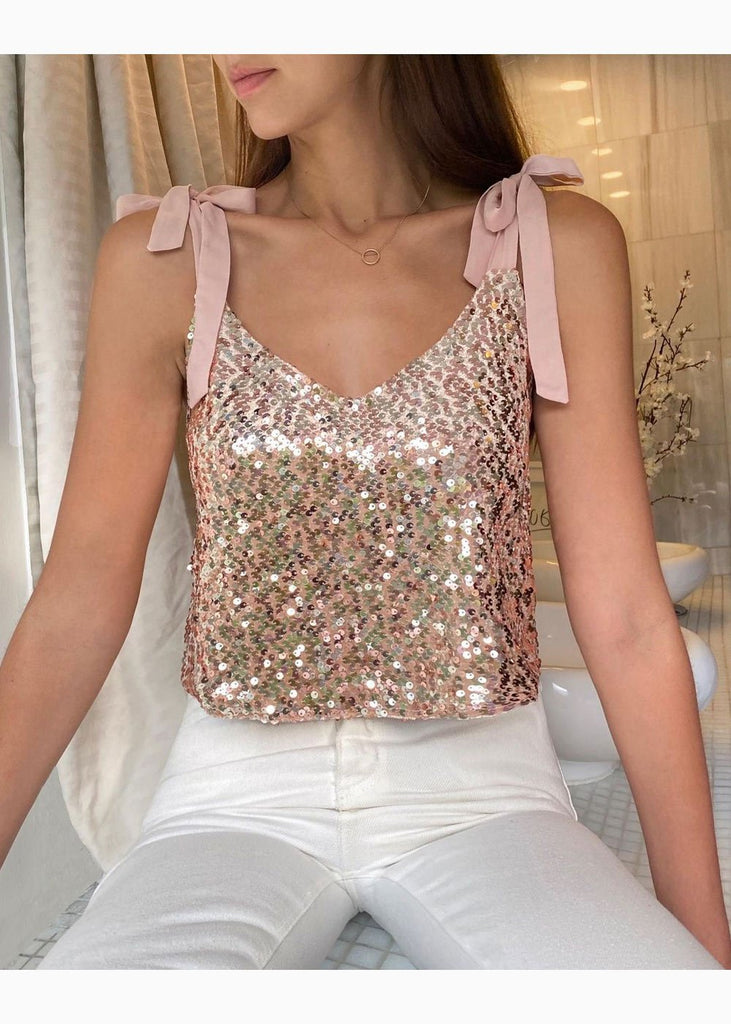 Blusa corta de tiras con anudados y lentejuelas para mujer - Flashy