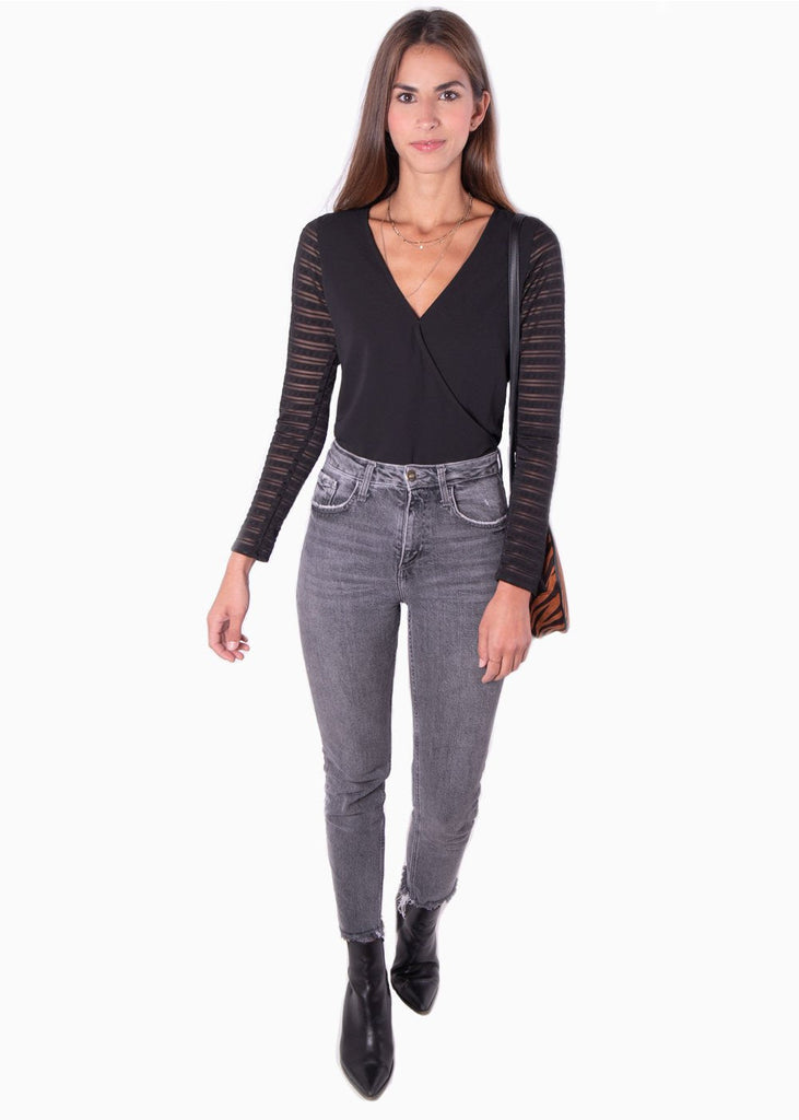 Blusa cruzada con detalle de malla en mangas para mujer - Flashy