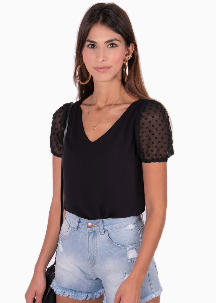 Blusa cuello en v con mangas de encaje para mujer - Flashy