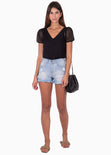 Blusa cuello en v con mangas de encaje para mujer - Flashy