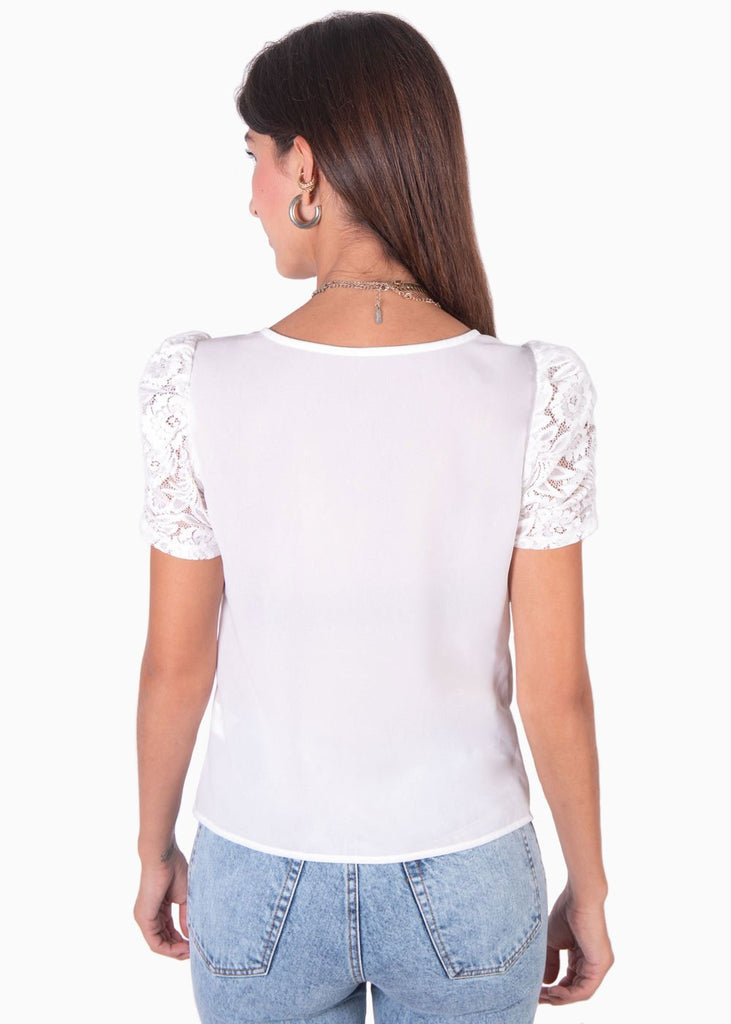 Blusa cuello en v con mangas de encaje para mujer - Flashy