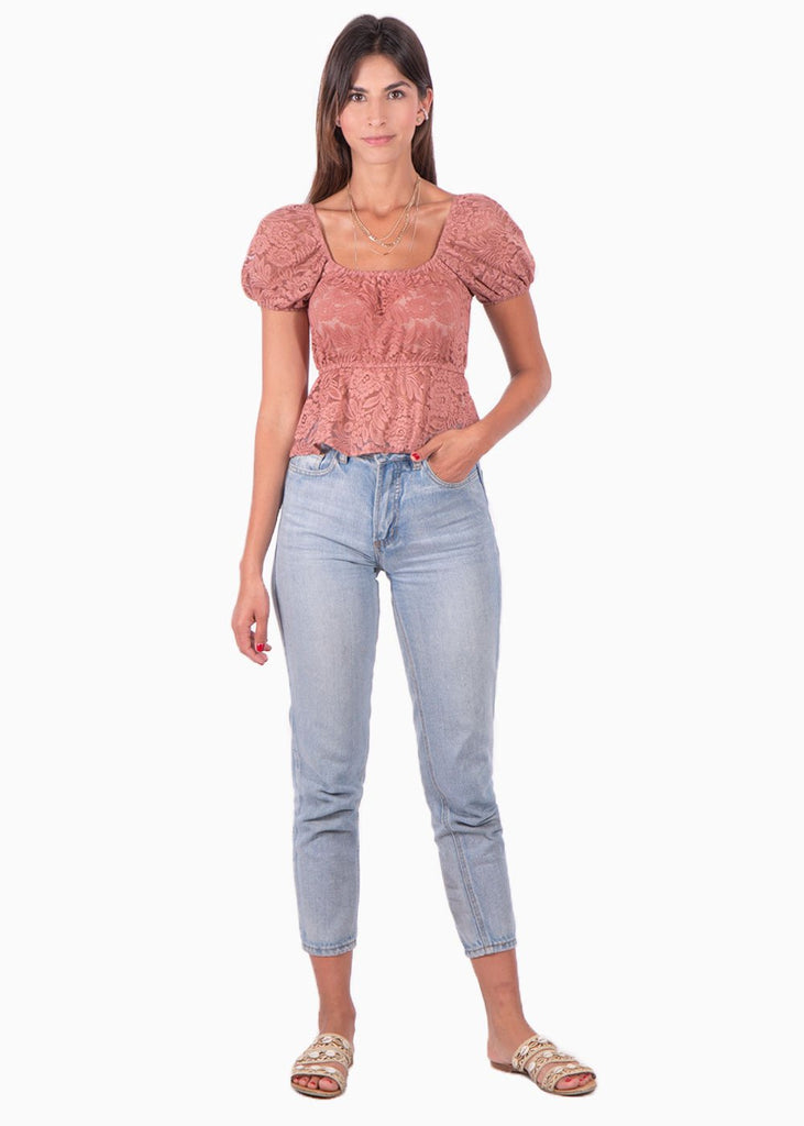 Blusa de encaje con mangas embombadas para mujer - Flashy