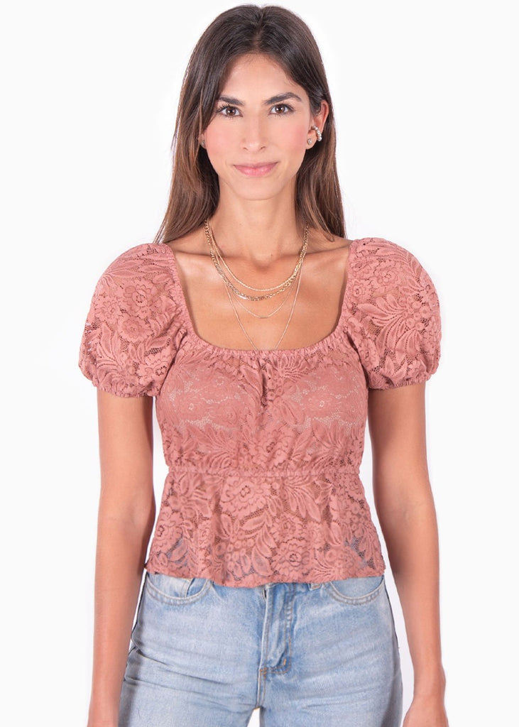 Blusa de encaje con mangas embombadas para mujer - Flashy
