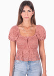 Blusa de encaje con mangas embombadas para mujer - Flashy