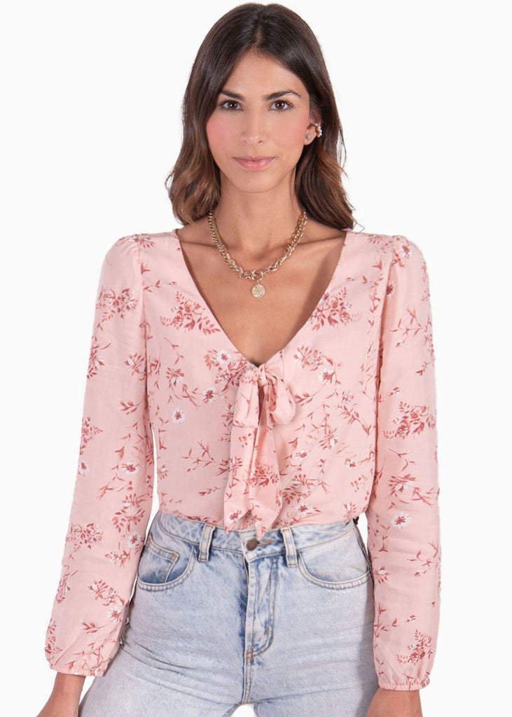 Blusa estampada de flores manga larga con anudado en escote color rosado para mujer - Flashy