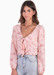 Blusa estampada de flores manga larga con anudado en escote color rosado para mujer - Flashy