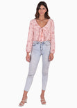 Blusa estampada de flores manga larga con anudado en escote color rosado para mujer - Flashy