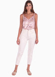 Blusa con estampado de flores y encaje en escote color rosado para mujer - Flashy