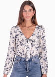 Blusa de flores manga larga con anudado en escote color blanco, marfil para mujer - Flashy