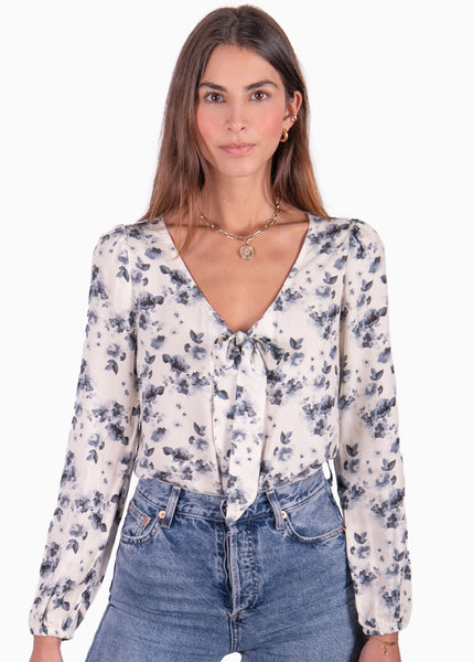 Blusa de flores manga larga con anudado en escote color blanco, marfil para mujer - Flashy