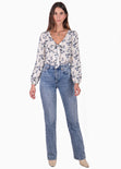 Blusa de flores manga larga con anudado en escote color blanco, marfil para mujer - Flashy