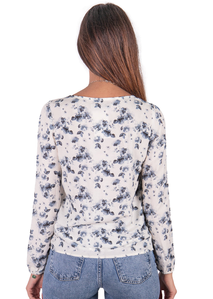 Blusa de flores manga larga con anudado en escote color blanco, marfil para mujer - Flashy