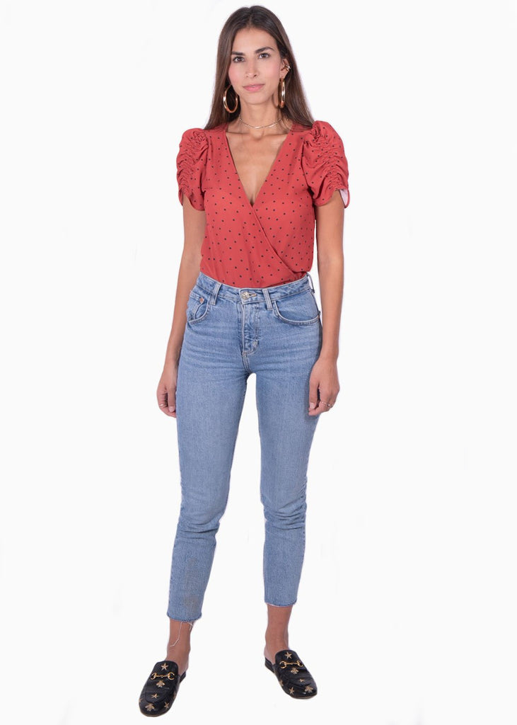 Blusa manga corta con estampado de puntos y escote cruzado para mujer - Flashy