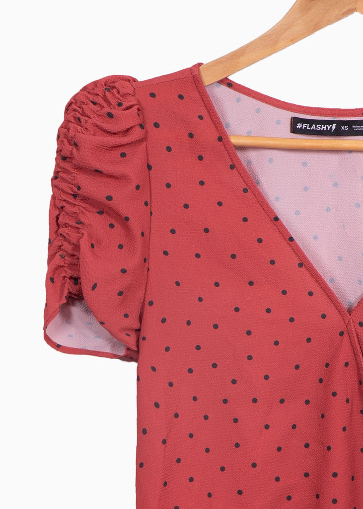 Blusa manga corta con estampado de puntos y escote cruzado para mujer - Flashy