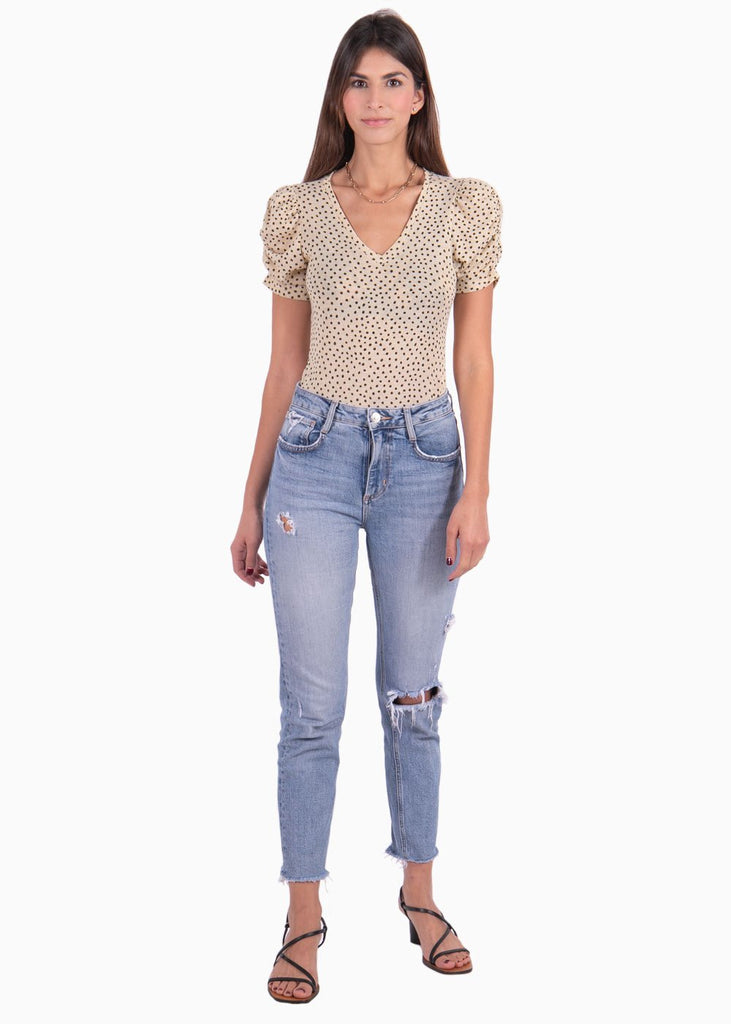 Blusa manga corta con estampado puntos y escote en v para mujer - Flashy