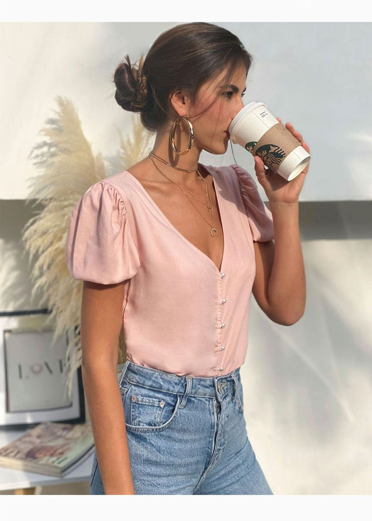 Blusa manga corta con perlas para mujer - Flashy