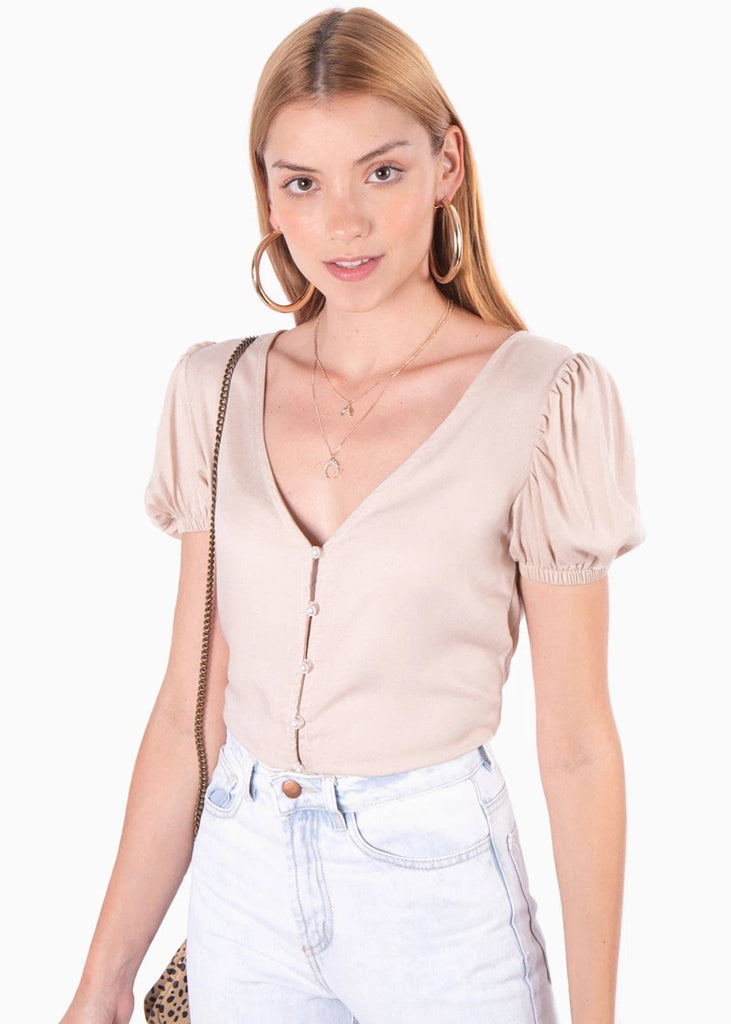 Blusa manga corta con perlas para mujer - Flashy