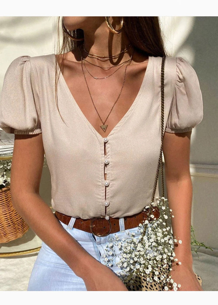 Blusa manga corta con perlas para mujer - Flashy
