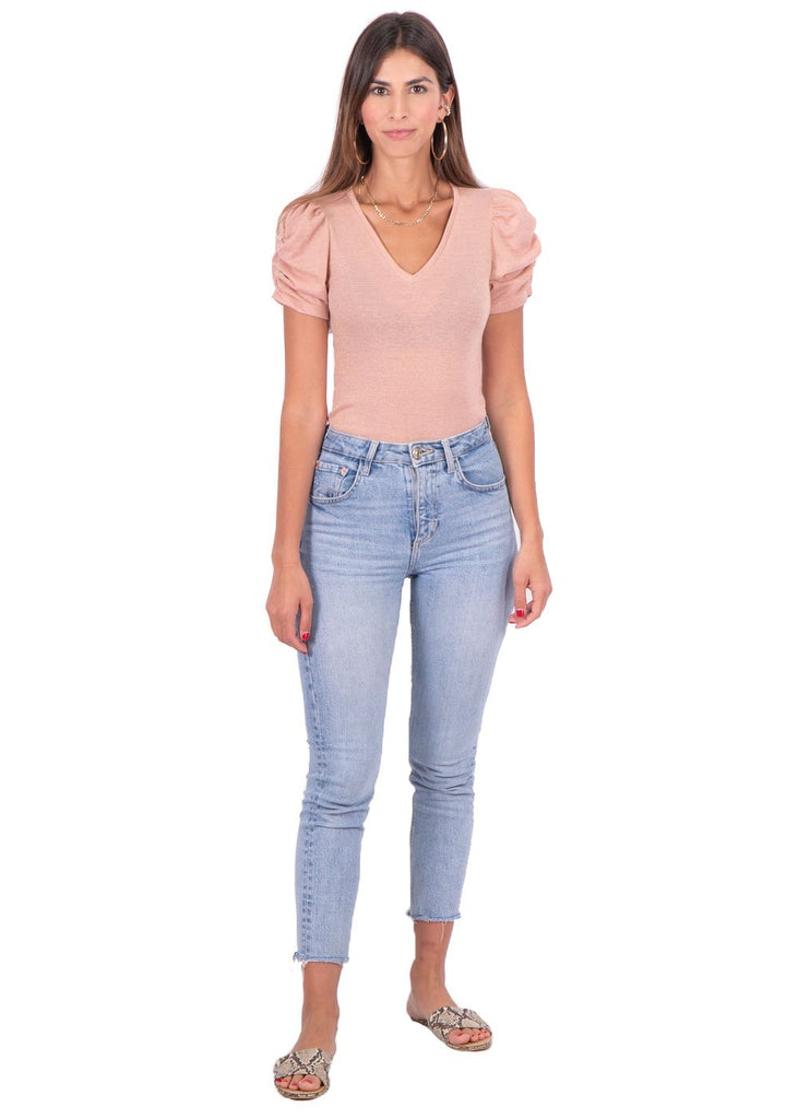 Blusa manga corta con recogido y escote en v para mujer - Flashy