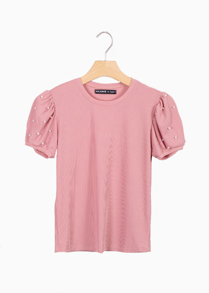 Blusa manga corta con recogido y perlas para mujer - Flashy