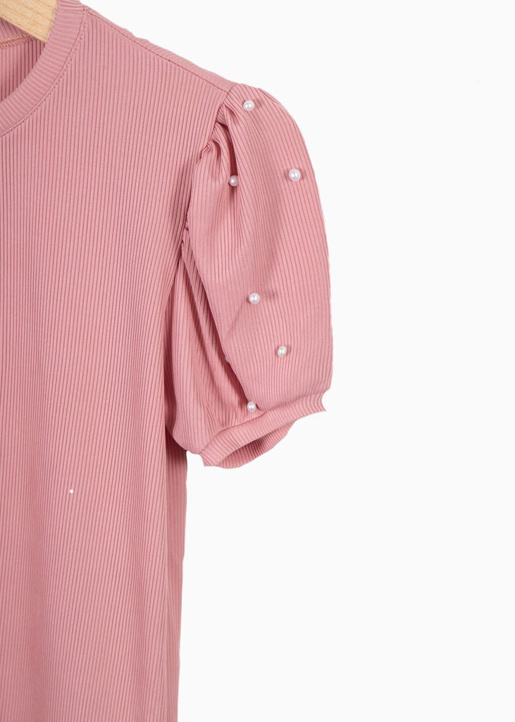 Blusa manga corta con recogido y perlas para mujer - Flashy
