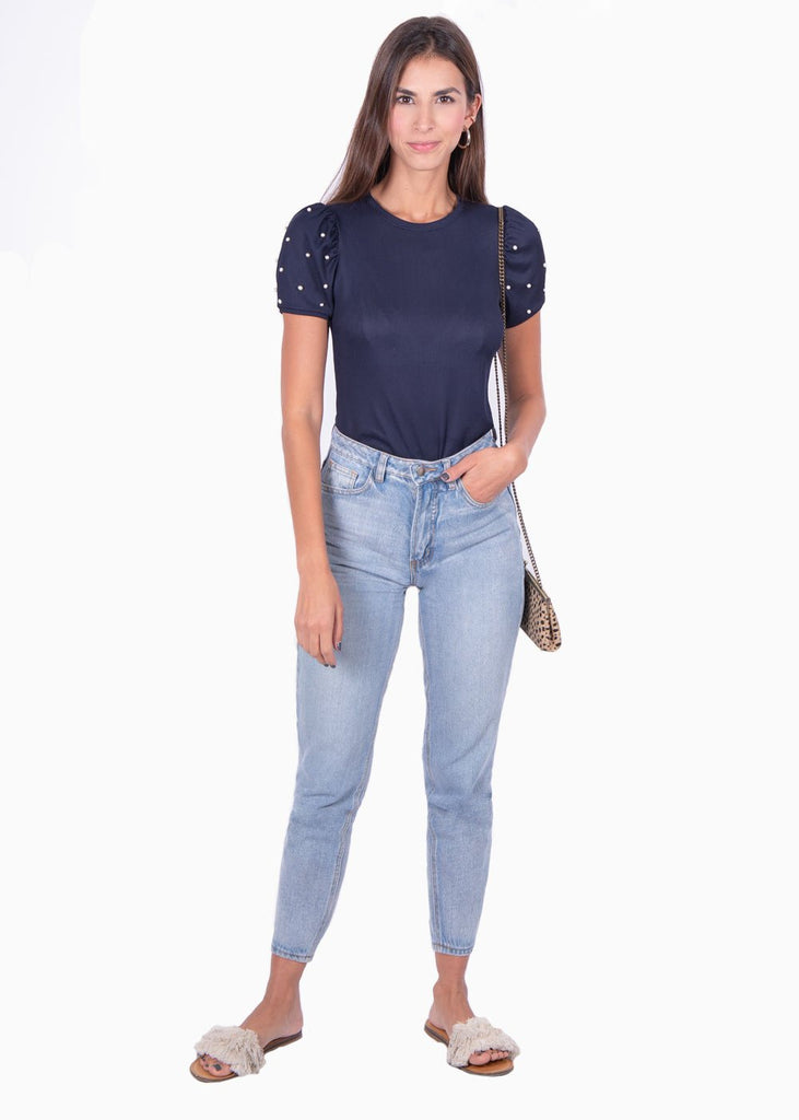 Blusa manga corta con recogido y perlas para mujer - Flashy