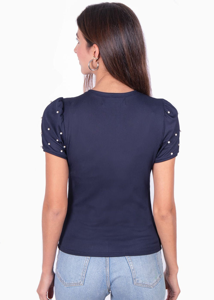 Blusa manga corta con recogido y perlas para mujer - Flashy