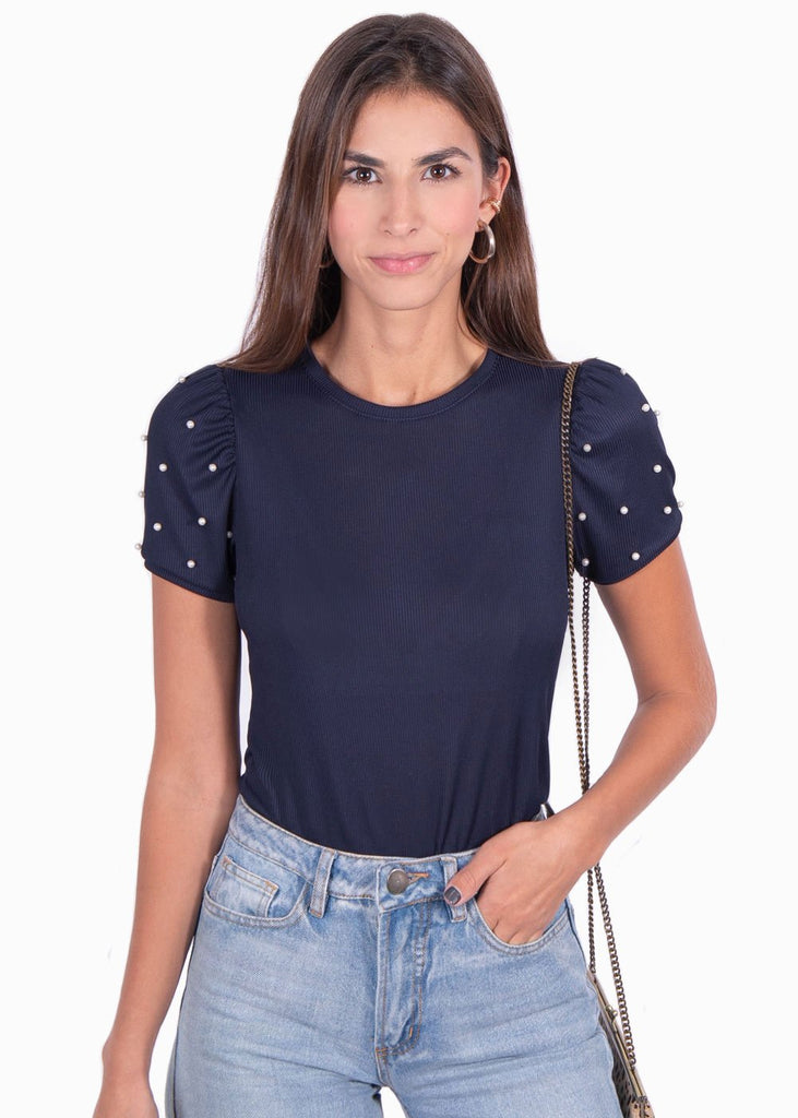 Blusa manga corta con recogido y perlas para mujer - Flashy