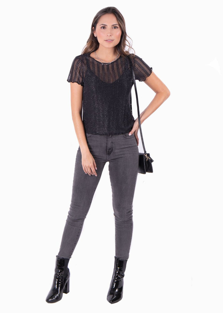 Blusa manga corta con transparencia y brillo para mujer - Flashy