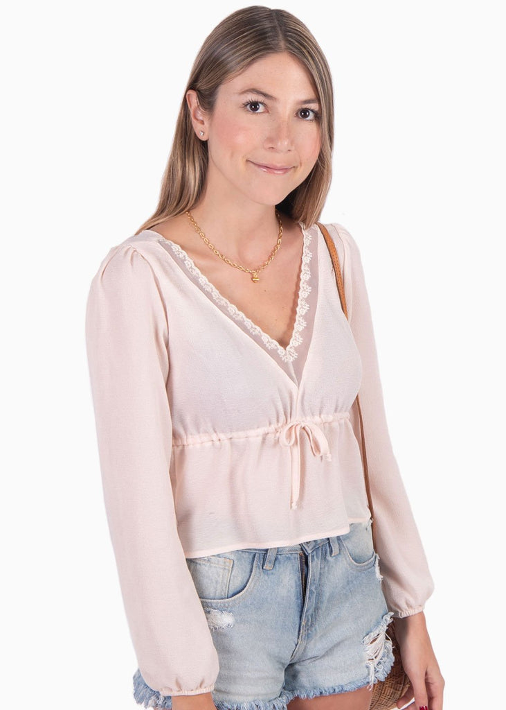 Blusa manga larga con bordado en escote para mujer - Flashy