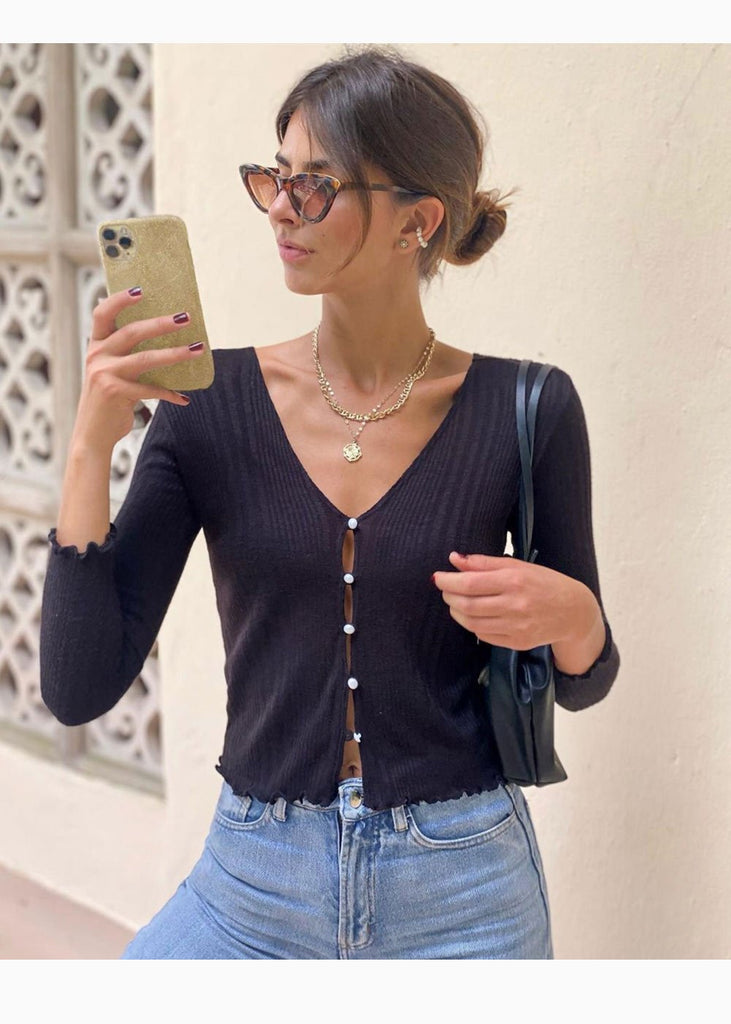 Blusa manga larga con botones de perlas para mujer - Flashy