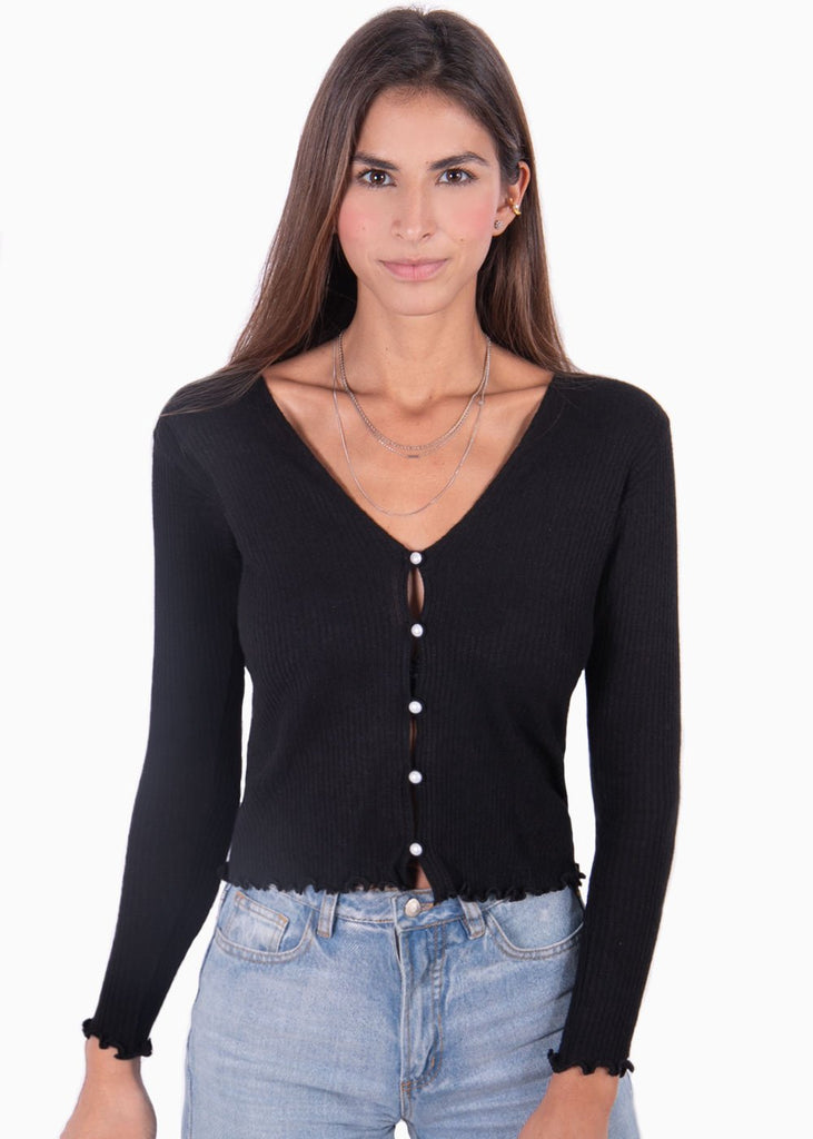 Blusa manga larga con botones de perlas para mujer - Flashy